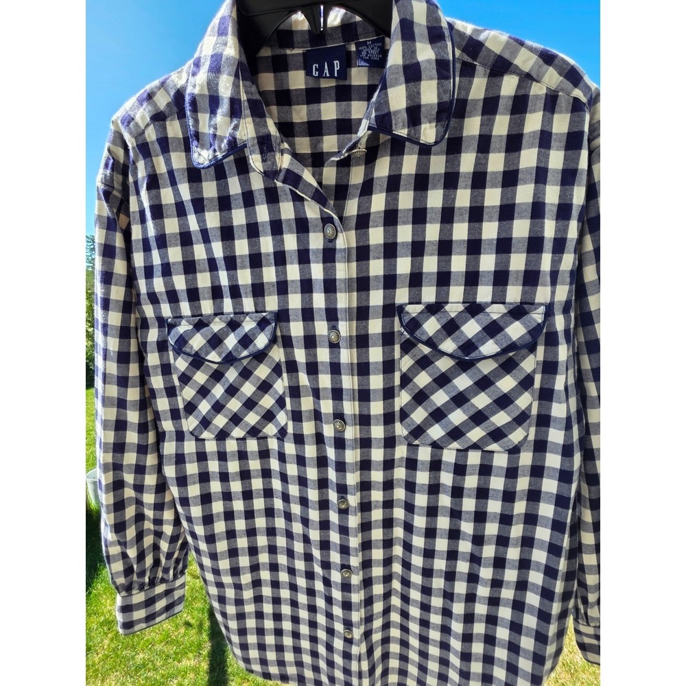 Women's sz M GAP Navy Blue Gingham Check Cotton Button Down Shirt Long Sleeve